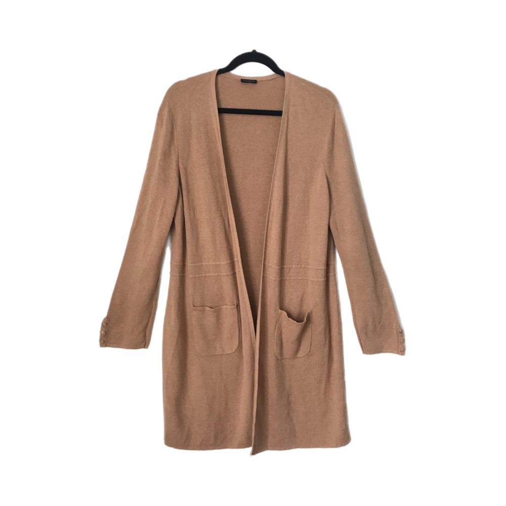 TALBOTS Sweater Size L Cardigan Open Front Long Duster Cotton Brown Camel